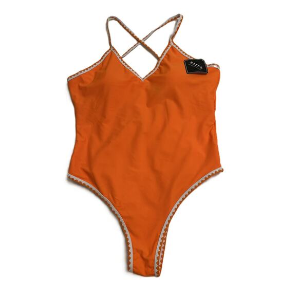 NWT Zaful Tangerine and White Scalloped Trim 1-Piece Swimwear Large (8-10) - Picture 2 of 11